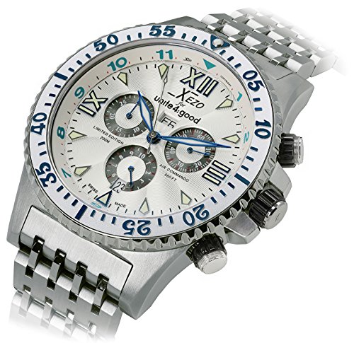Xezo Mens Air Commando Swiss-Quartz Luxury Sport Chronograph Wrist Watches, 2nd Time Zone. Day, Date. Waterproof 20 Bars