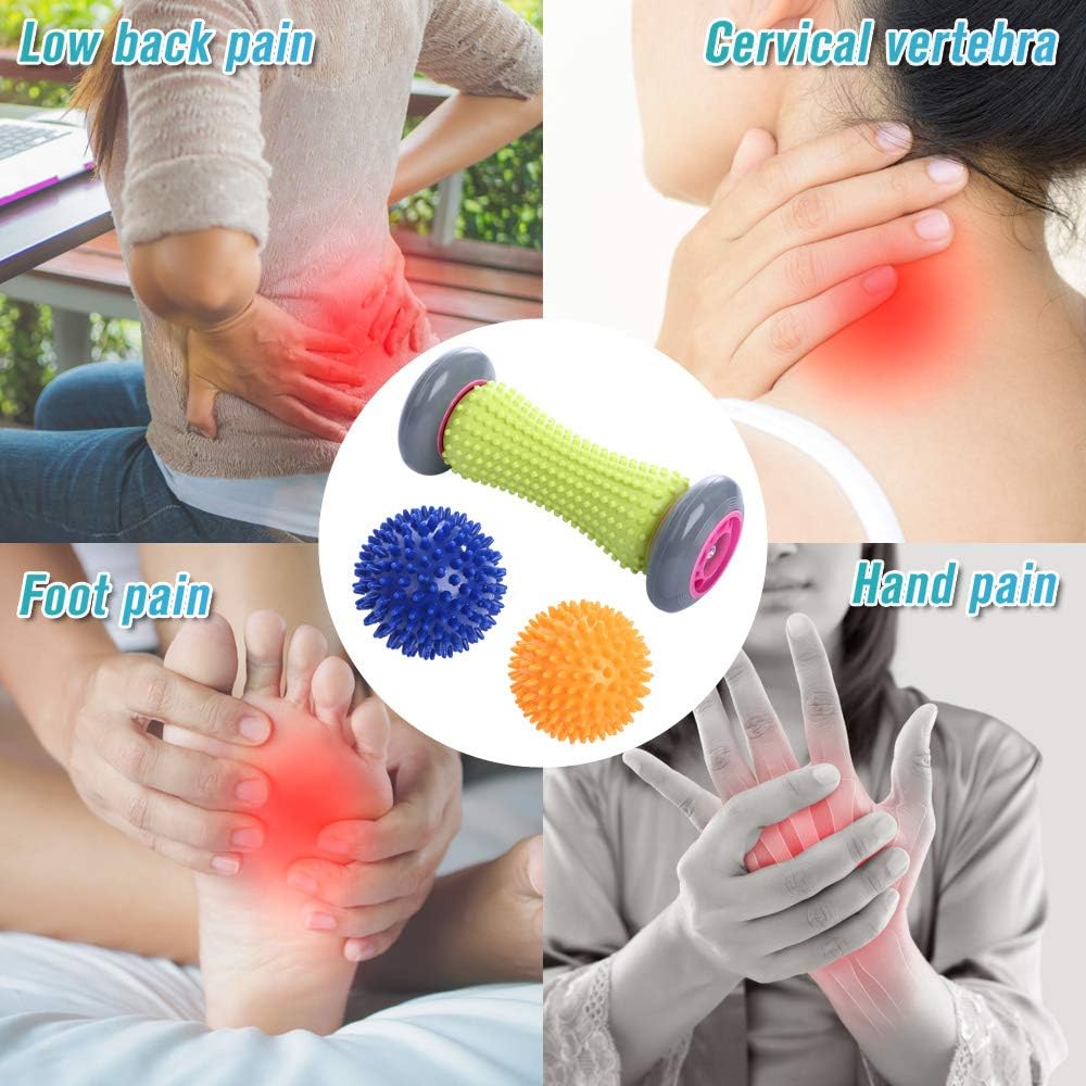 Foot Roller Massage Ball for Relief Plantar Fasciitis and Reflexology Massager for Deep Tissue Acupresssure Recovery for PLA Relax Foot Back Leg Hand Tight Muscle, 1 roller and 2 Spiky Balls: Health & Personal Care
