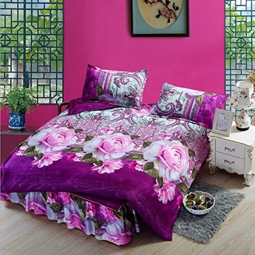 wiwanshop 4pcs Purple Polyester Fiber 3D Pink Rose Reactive Dyeing Bedding Sets Queen King