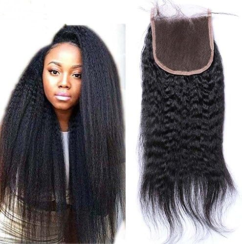 Evlynn Hair 4"x4" Lace Closure with Baby Hair Kinky Straight Brazilian Virgin Human Hair Bleached Knots Naturl Black (3 Part 12 Inch)