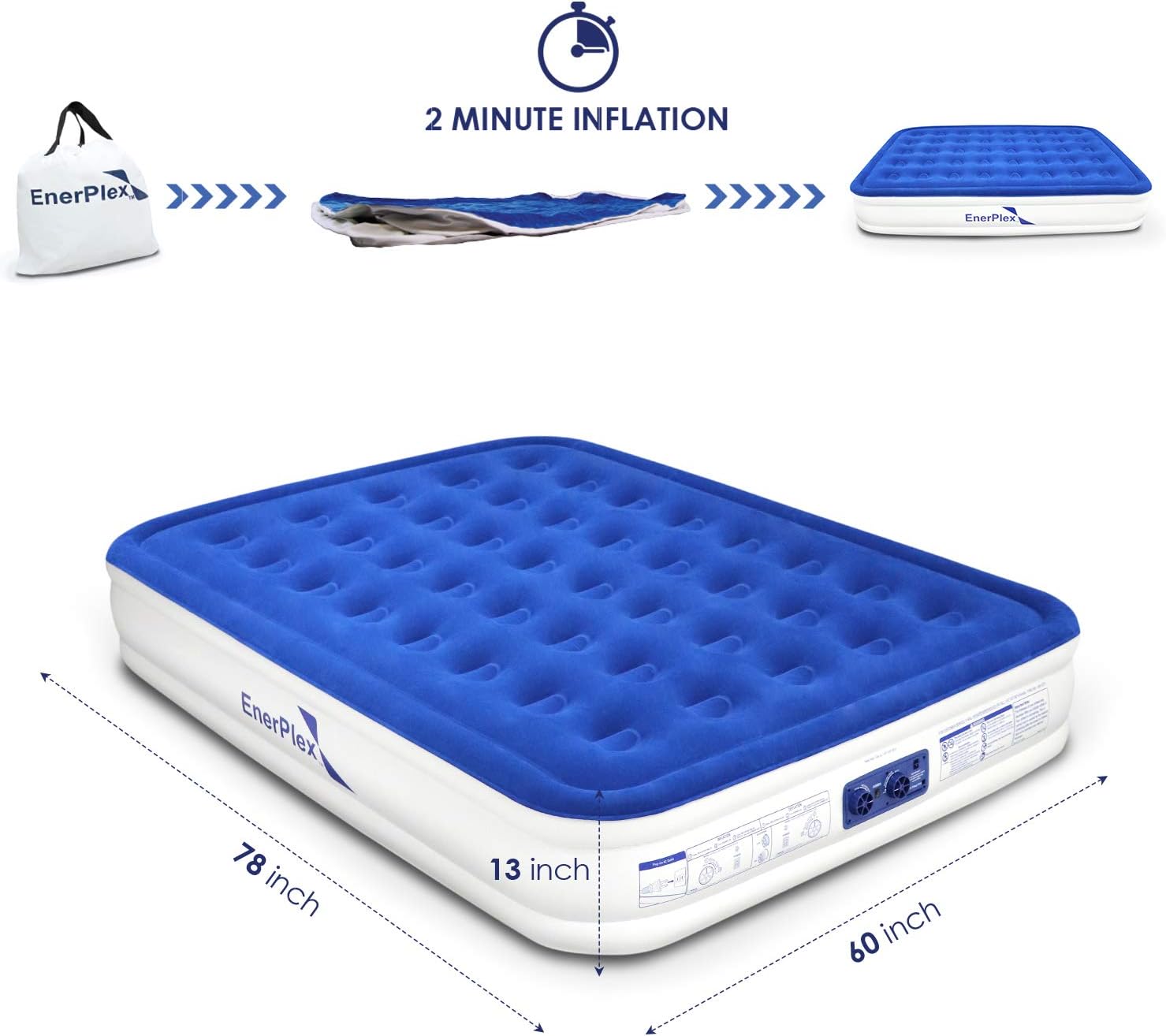 EnerPlex Premium Dual Pump Luxury Queen Size Air Mattress Airbed with Built in Pump Raised Double High Queen Blow Up Bed for Home Camping Travel 2-Year Warranty: Kitchen & Dining