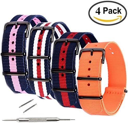 Demes 4 Pack Nylon Watch Strap - Choice of Colors & Widths 18mm or 20mm - Premium Ballistic Nylon Watch band with Black Stainless Steel Buckle
