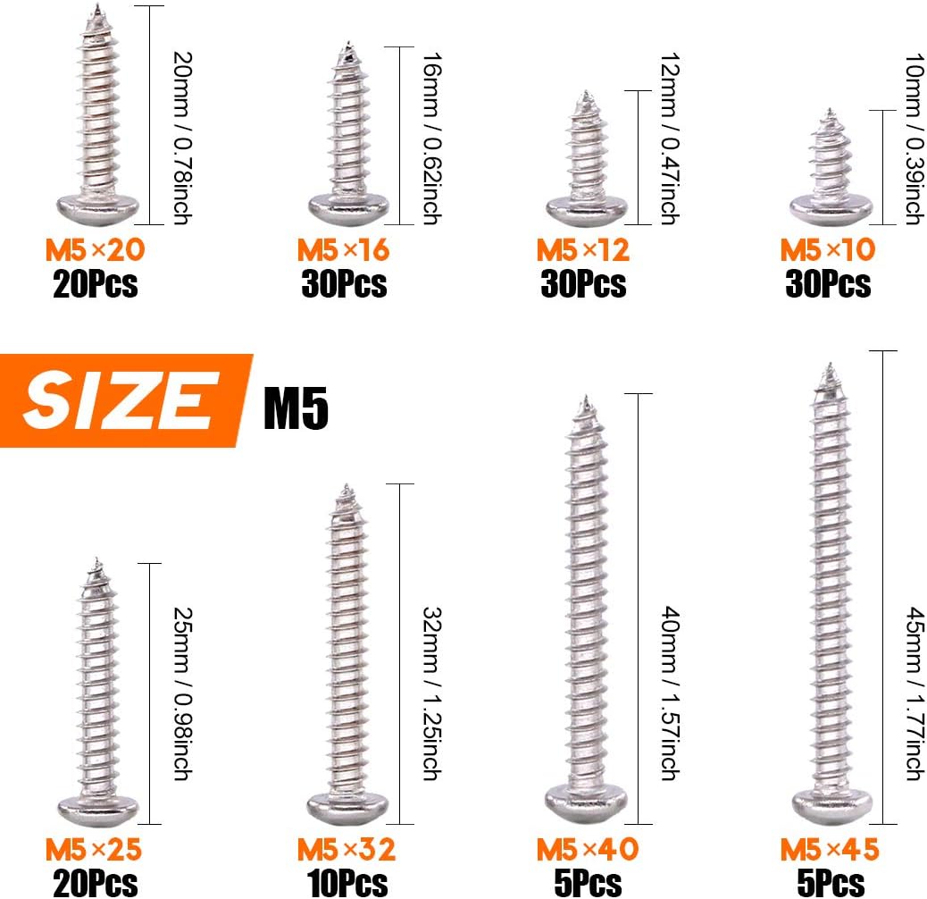 Rustark 150Pcs M5 304 Stainless Steel Round Pan Head Phillips Cross Screws Drive Self-Drilling Screws Assortment Kit - Image 3
