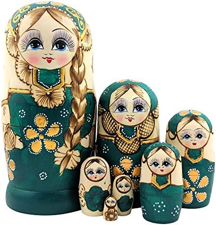 Set of 7 Green Cute Girl Handmade Russian Nesting Dolls Kids Gift Christmas Present Office Decoration by Vingi