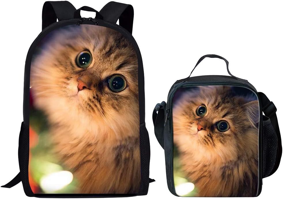 POLERO Himalaya Longhair Cat School Backpacks, Kindergarten Baby Cooler Warm Lunch Bag Lunchbox + Large Capacity Schoolbag 2 pcs