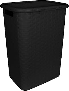 TW24 Wäschekorb mit Deckel Rattan-Optik 60L mit Farbwahl Wäschetruhe Wäschebox Wäschesammler Wäschekiste (Schwarz)