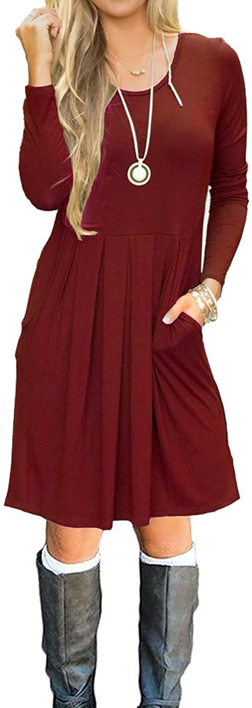 AUSELILY Women's Long Sleeve Pleated Loose Swing Casual Dress with Pockets Knee Length at  Women’s Clothing store