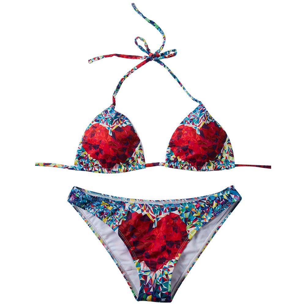 Women’s 2 Pcs Triangle Padding Bra Top High Leg Cut Bottoms Sexy Thong Bikini Set 3D Printed Red Heatr Colorful Grometry Push up Halter Swimwear Bikini Beachwear Bandage Bathing Suit XL
