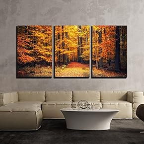 3 Piece Canvas Wall Art - Pathway in The Autumn Park - Modern Home Art Stretched and Framed Ready to Hang - 16"x24"x3 Panels