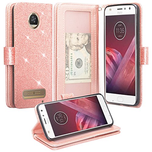 Motorola Moto Z2 Play Case, Moto Z2 Play Droid Wallet Case, Glitter Faux Leather Flip Credit Card Holder Wrist Strap Protective Purse Wallet Case Clutch for Verizon Moto Z2 Play - (Rose Gold)