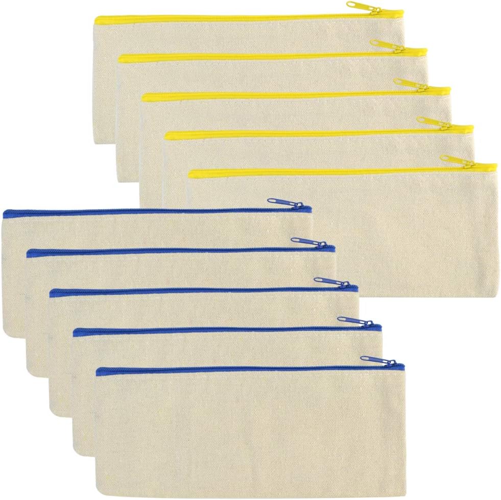 baotongle 10 PCS Multi-Purpose Cotton Canvas Zipper Invoice Bill Bag Pen Pencil Cosmetic Makeup Bag Pouch Blank DIY Craft Bag (Natural Color with Blue and Yellow Zipper, 8x3.5'')