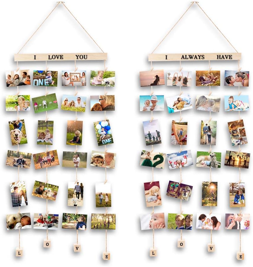 MOVEONSTEP Set of 2 Hanging Photo Display with 40 Clips Photo Display Board for Hanging Prints DIY Wood Picture Frames Collage for Home Decoration (2 Sheets Alphabet & Number Stickers)