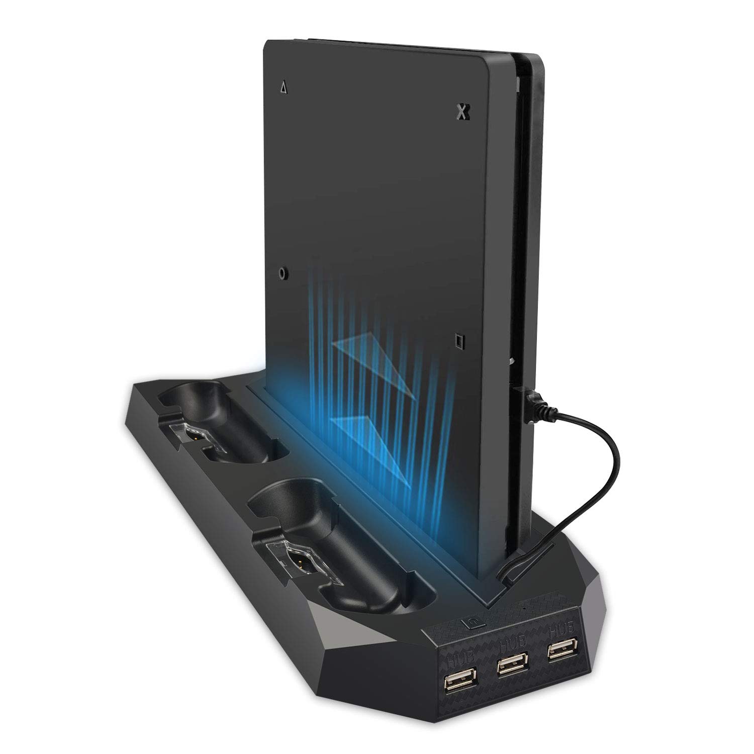 ELUTENG PS4 Slim/Pro Stand with 2 Cooling Fans PS4 Controller Charger with 8 Extra Buttum Caps Non-Slip Mats PS4 Vertical Stand with 3 Extra USB HUB Ports