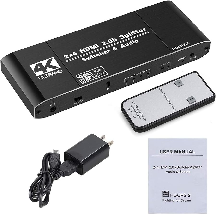 1JUSTLINK 2.0 HDMI Switch Splitter 4K 2x4 2 Input 4 Output Audio and Video Selector Box No External Power Required Support UHD 4K 60Hz1080P 3D for DVD PS3 TV Projector: Electronics
