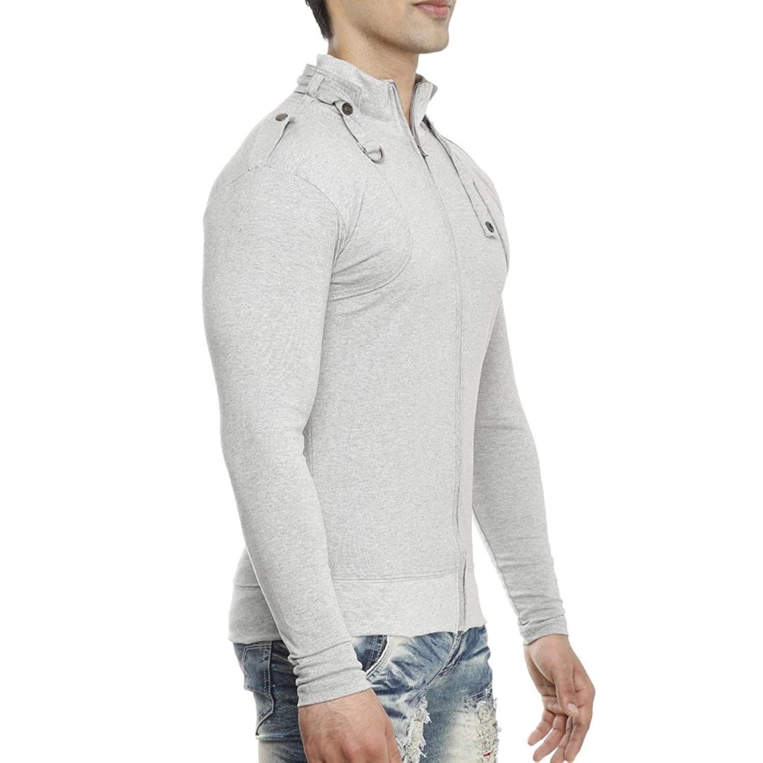 tees collection men's full zip buckle neck full sleeve grey colour t-shirt