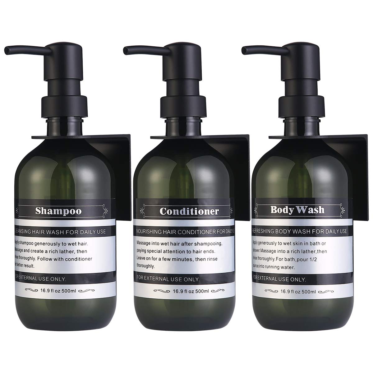 SOOKDEO Bathroom Dispenser Refillable Bottles for Shampoo Conditioner Hand Dish Soap Lotion Oil Shower Soap with Pump & Waterproof Label, 500ml, 3 Pack (Jade, With Wall Mout)