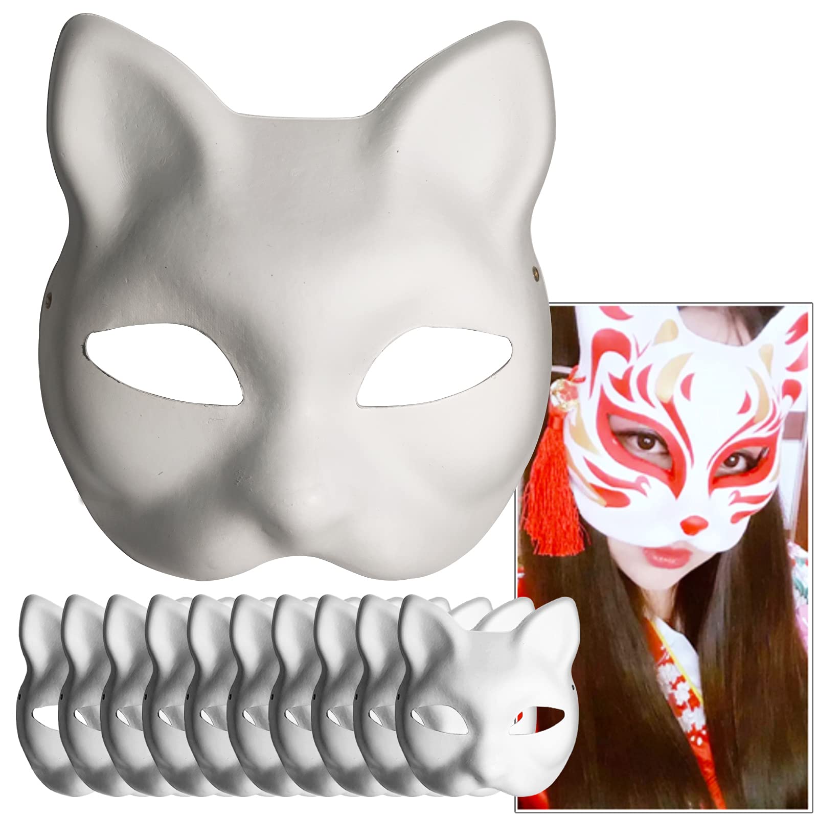 Feeziloe DIY White Paper Mask Cat Face-10 Pcs, Pulp Blank Hand Painted Mask, Personality Design for Halloween Masquerade Costume Cosplay