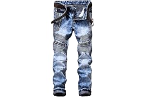 AITITIA Men's Biker Zipper Deco Washed Straight Fit Jeans
