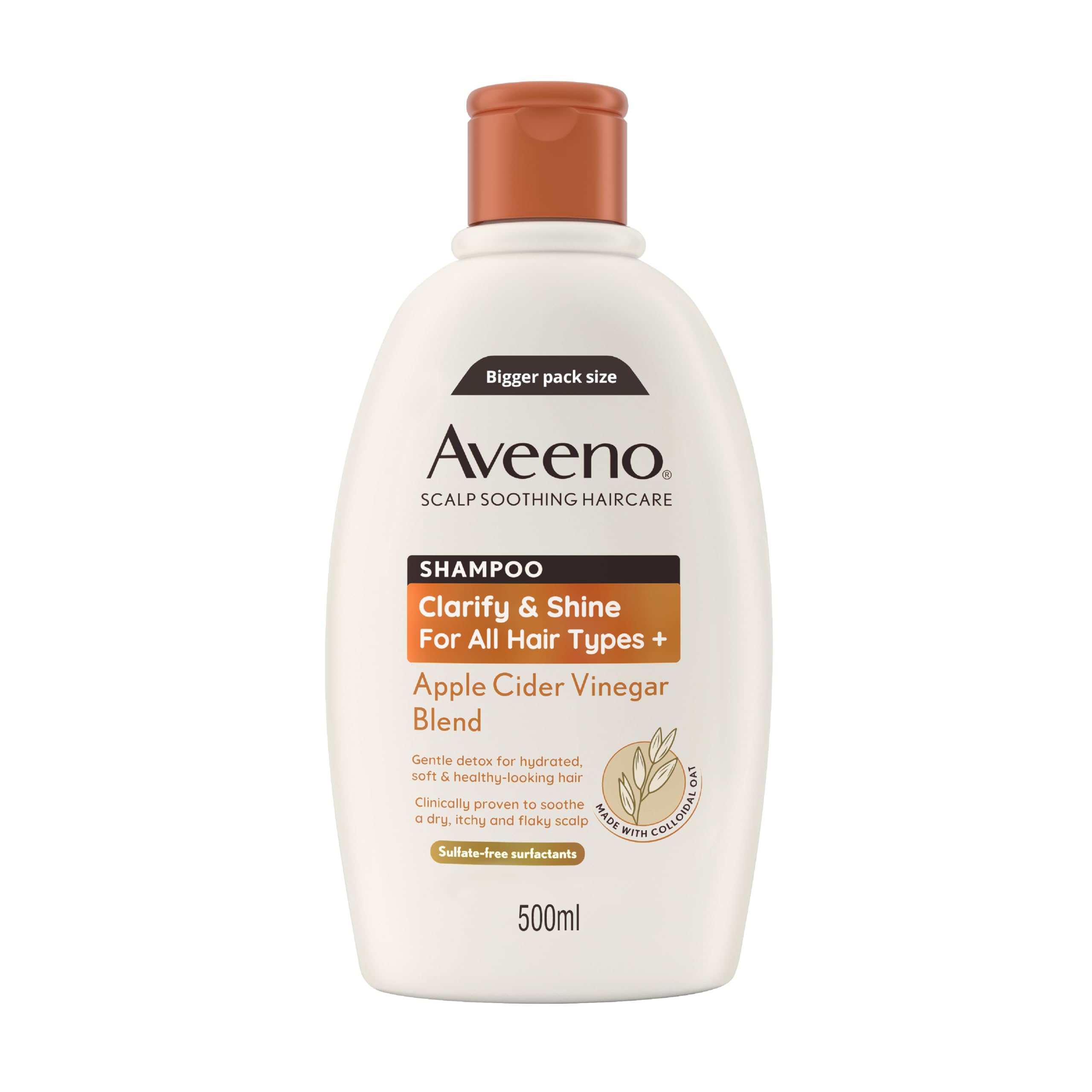 Aveeno Scalp Soothing Haircare Clarify & Shine Shampoo, Apple Cider Vinegar Blend, for All Hair Types, Soothes Dry, Itchy & Flaky Scalp, Clinically Proven, Sulfate Free, 500ml