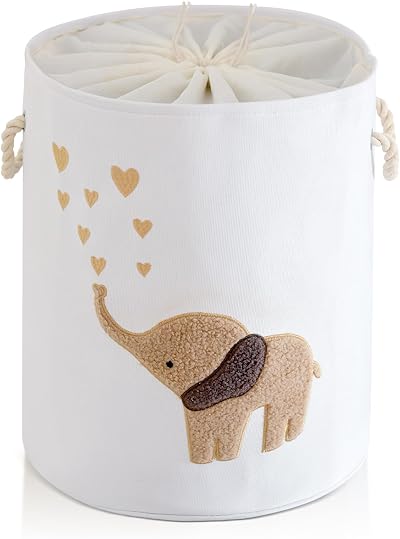 INough Baby Laundry Basket Canvas 58L Collapsible Drawstring Elephant
