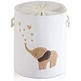 INough Baby Laundry Basket Laundry Hamper, Canvas 58L XL Baby Clothes Basket, Collapsible Brown Laundry Basket for Nursery Toy Baskets with Drawstring Closure, KidsRoom Decor for Boys