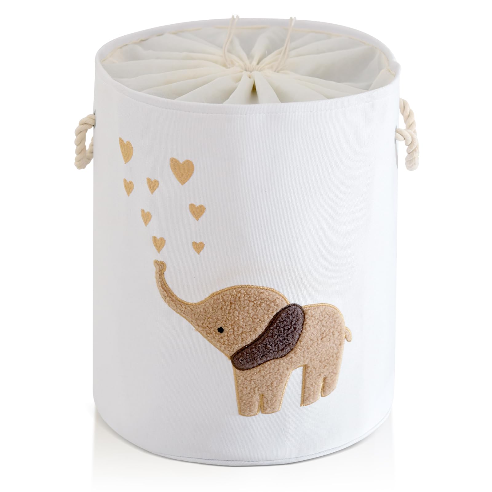 INough Baby Laundry Basket Laundry Hamper, Canvas 58L XL Baby Clothes Basket, Collapsible Brown Laundry Basket for Nursery Toy Baskets with Drawstring Closure, KidsRoom Decor for Boys