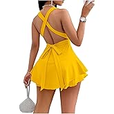 WDIRARA Women's Deep V Neck Sleeveless Ruffle Romper Criss Cross Tie Backless Flared Shorts Jumpsuit