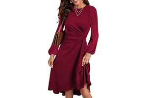 Happy Sailed Women's Long Sleeve Ruched Waist Flowy A Line High Low Midi Cocktail Party Dress