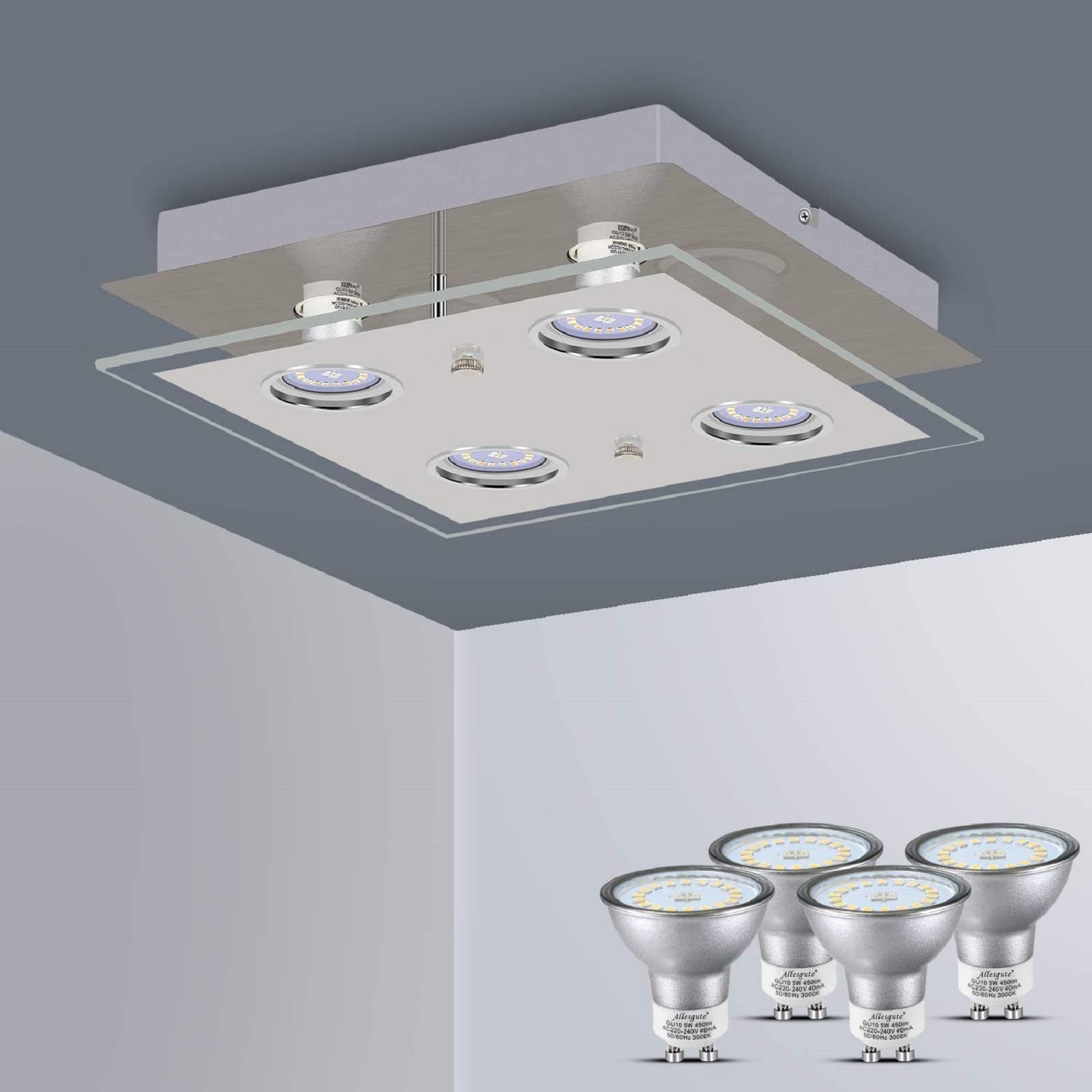 Allesgute Modern 4 Way Flush Ceiling Light for Living Room Square Kitchen Lights Fitting with GU10 Spot Light Bulbs Cool White Included