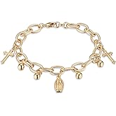 HZMAN 14K Gold Plated Cable Chain Bracelet for Women Dainty Rosary Bead Cross Virgin Mary Link Bracelet Jewelry Gift