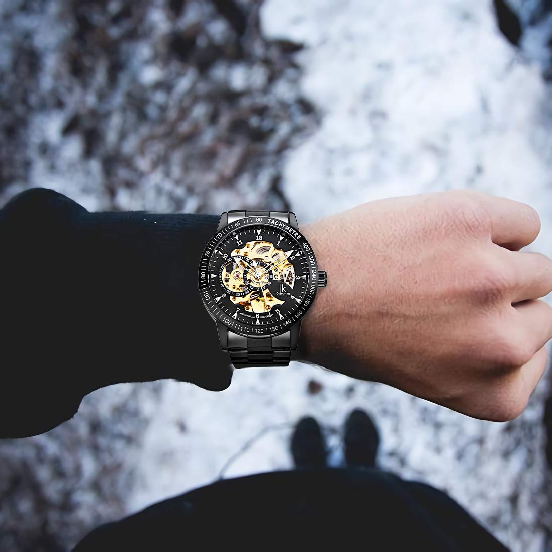 GLEIM IK Men's Watch Skeleton Automatic Mechanical Wristwatch, Silver Golden Dial Tachymeter Black Stainless Steel Casual Steampunk Watch