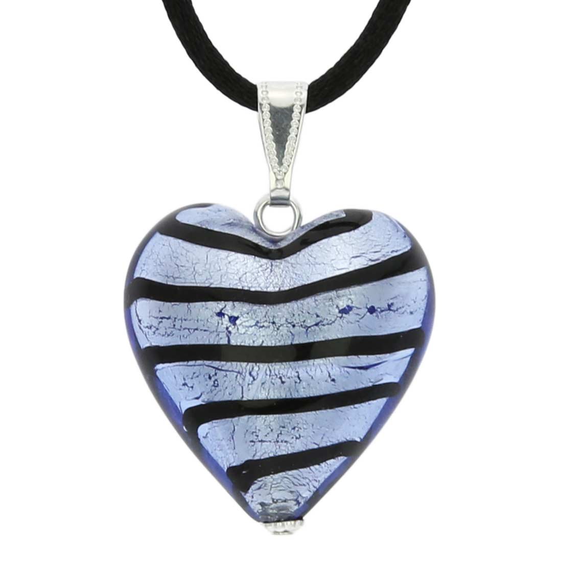 Glass Of Venice Murano Glass Heart Pendant - Striped Silver Blue