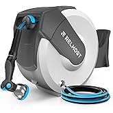 Relhost Retractable Garden Hose Reel, 1/2 in x 65 ft Wall Mount Heavy Duty Hose Reel with Any-Length Lock, Auto Rewind System, 180&deg; Swivel Bracket, and 10-Pattern Nozzle for Garden, White &amp;Grey