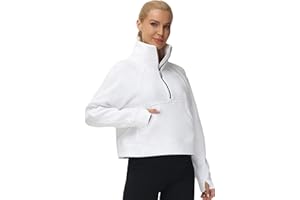 THE GYM PEOPLE Womens' Half Zip Pullover Fleece Stand Collar Crop Sweatshirt with Pockets Thumb Hole