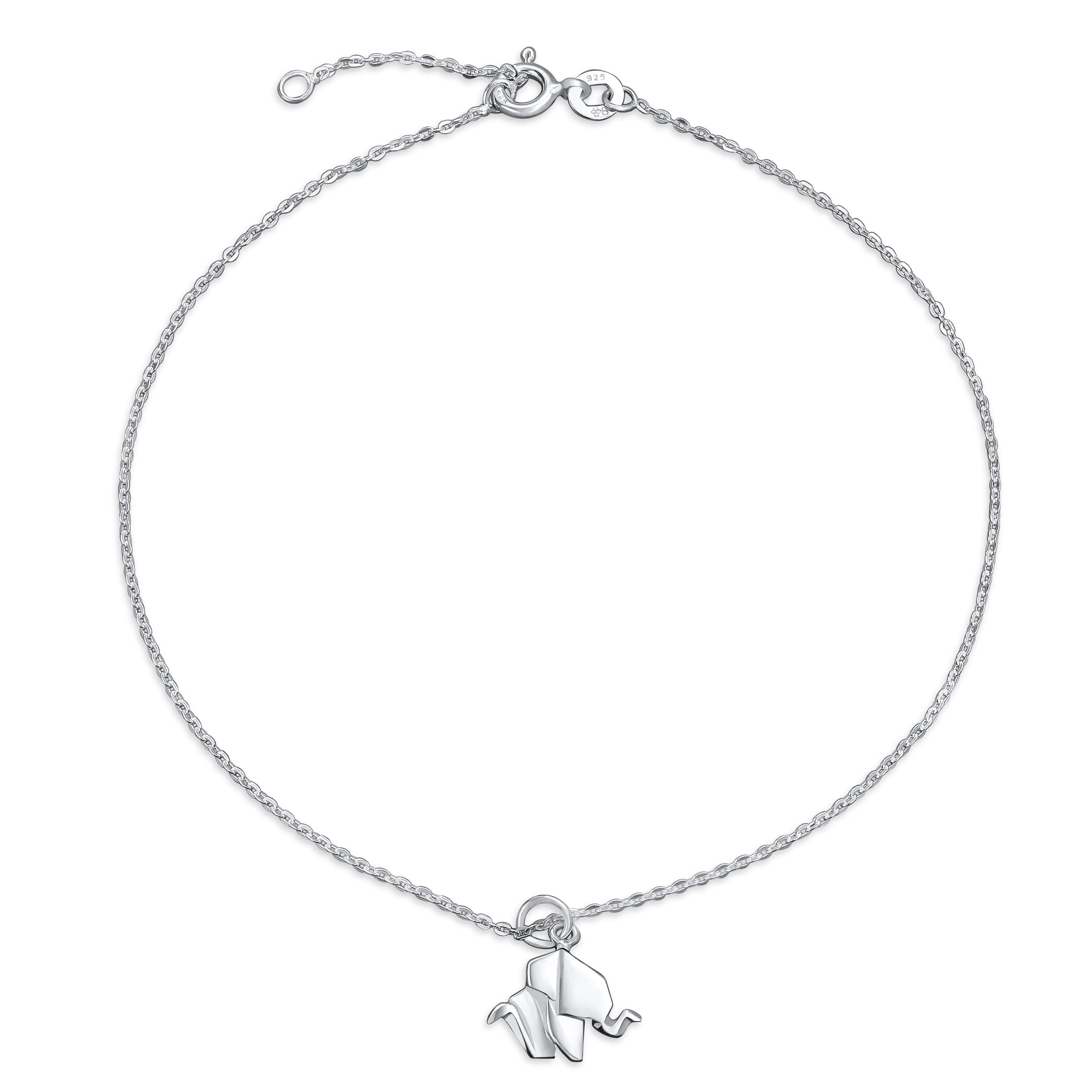 3D Geometric Origami Jewelry Animals Zoo Lucky Elephant Anklet Small Charm Dangle Ankle Bracelet For Women .925 Sterling Silver Adjustable 9 To 10 Inch
