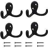 Kruodop 4 Pack Wall Hooks Wall Mounted Coat Hooks for Hanging Heavy Duty, Black Towel Hooks, Metal Double Coat Hanger with Screws Cup Retro for Coats, Handbags, Towels, Hat