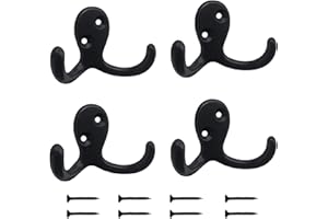 Kruodop 4 Pack Wall Hooks Wall Mounted Coat Hooks for Hanging Heavy Duty, Black Towel Hooks, Metal Double Coat Hanger with Screws Cup Retro for Coats, Handbags, Towels, Hat