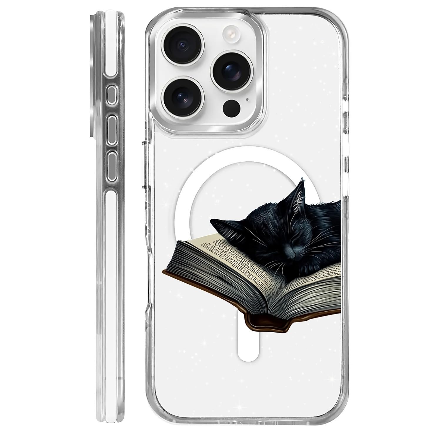 Photo 1 of MQJCYB Magnetic Case for iPhone 16 Pro Design On Clear Base, Compatible with MagSafe, Slim Protective Soft TPU Bumper Phone Cover Women Girls Case-Black Cat Book Lover Celestial Stars