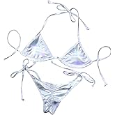 Women's Liquid Metallic Rainbow Bikini Sets Shiny String Padded Triangle 2 Pieces Swimsuit Set