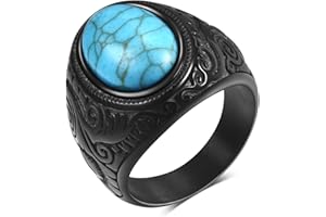 MYNENEY Retro Vintage Stone Rings for Men Turquoise Rings Stainless Steel Signet Biker Band