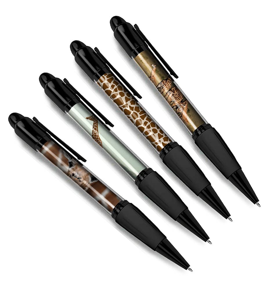 DV DESIGN Set of 4 Giraffe Print Black Ballpoint Pens - Safari Animals Boys Zoo Theme Gift