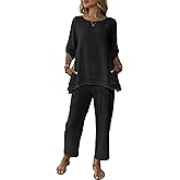 Women's Linen 2 Piece Outfits Rolled Sleeves Tops Wide Leg Trouser Pants Suits Summer Casual Dressy Linen Sets