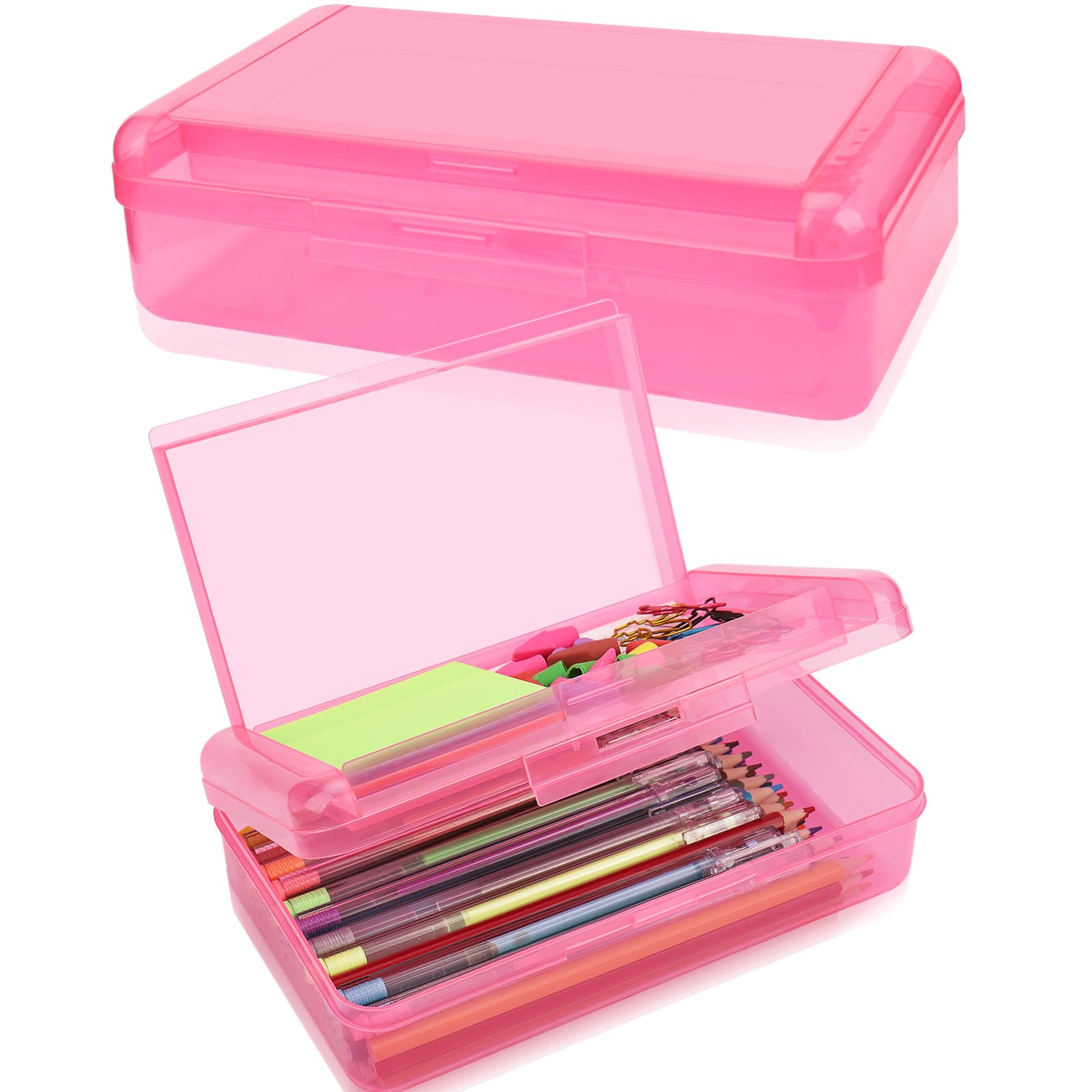 Photo 1 of 1 PCS Pencil Box,Double Layer Large Capacity Pencil Case,Hard Pencils Case with Snap-tight Lid, Clear Crayon Box for Office School Supplies Storage Boxes,Storage Organizer for Gel Pens Erasers-Pink