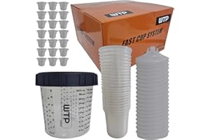 WTP TOOLS Disposable Paint Cup System KIT Combo, 25 Lids + 25 Liners + 1 Hard Cup + 10 Caps - 1 Box 650ml 22Oz (125mic Filter) - Sprayer Mixing Cup for Automotive Paint Gun