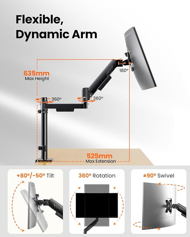 Braccio Monitor Doppio Verticale, Supporto Schermi 13-32″, fino a 9kg per Braccio, Maggiore Stabilità con Morsetto a C Integrato, Gestione dei Cavi Migliorata, VESA 75x75/100x100 mm, Nero