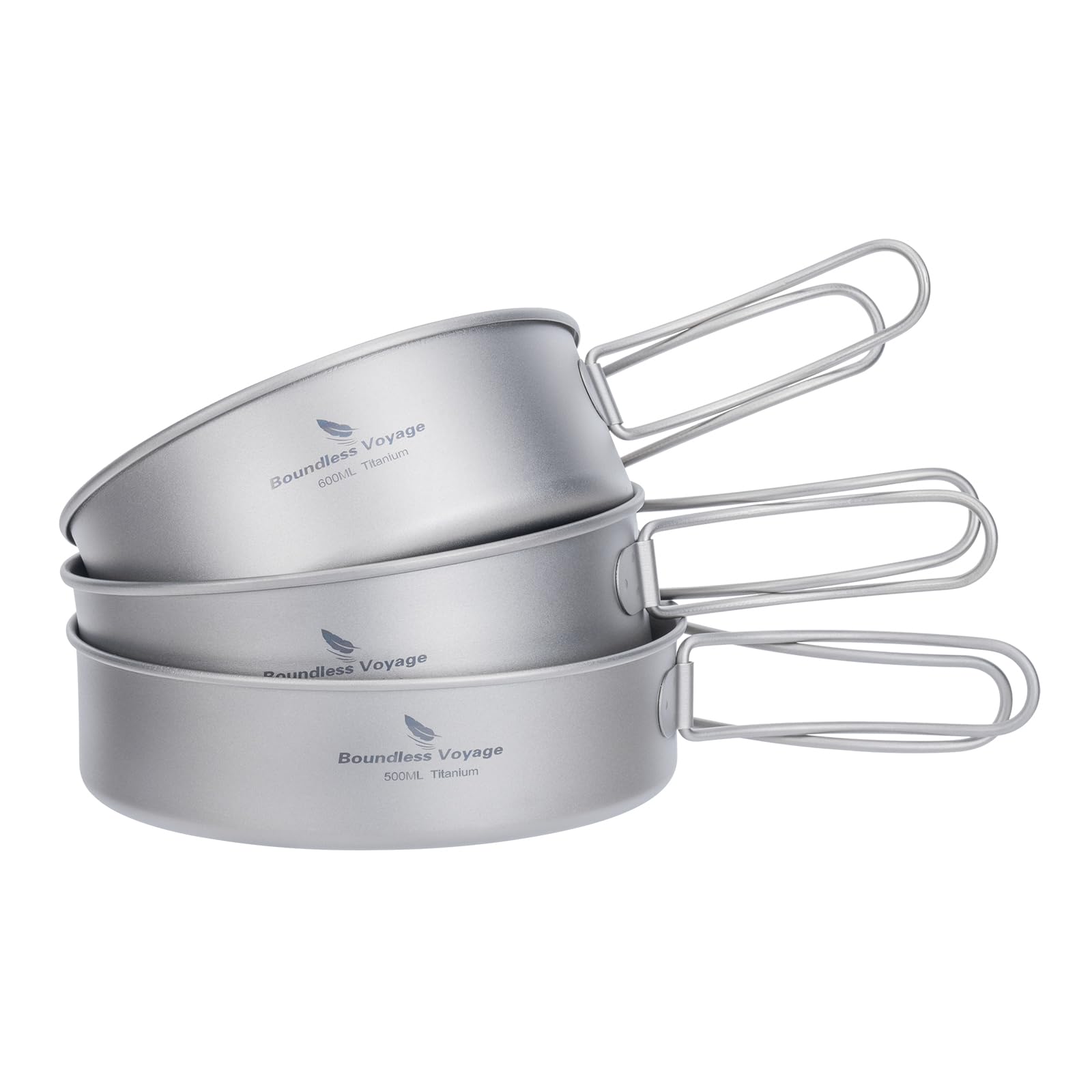 iBasingo 3 Piece Titanium Pot Pan Set 500ml 600ml 700ml Ultralight Camping Cookware with Folding Handles for Hiking Backpacking Wild Camping Ti2032C