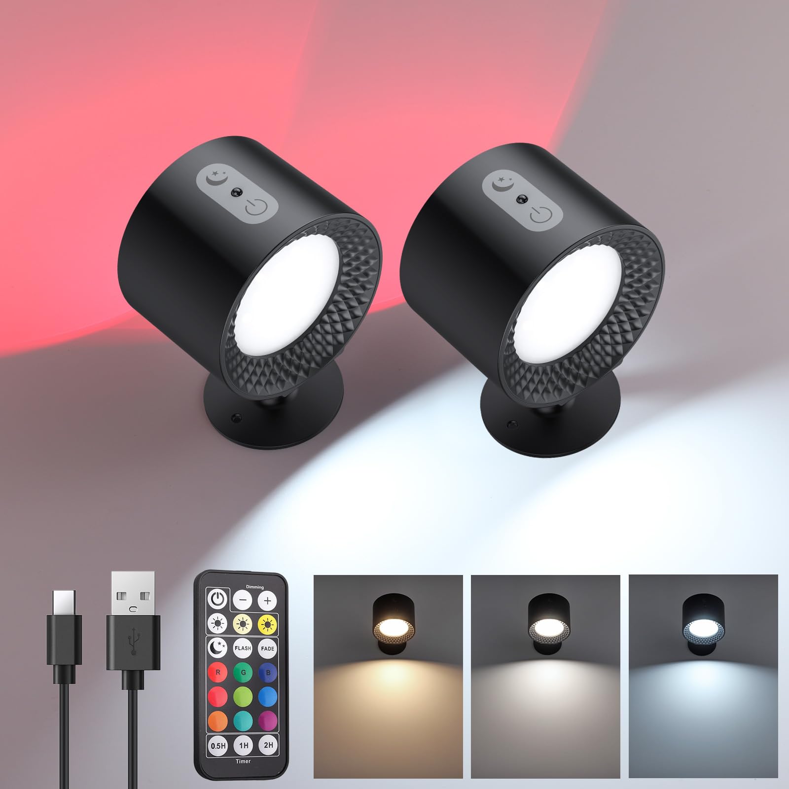 COLORLAM 2pcs Battery Operated Wall Lights LED Wall Mounted Lamp with Remote, 9 Colors RGB Rechargeable Ambient Sconce, 3 Color Temperatures, Dimming & Removable Lamp for Bedroom[Energy Class F]