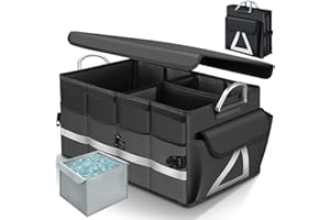 WINHUNT Car Trunk Organizer, Car Storage Organizer with Waterproof Bag Collapsible Multi Compartment Organizer for Car, Suv, Sedan, Truck, Non Slip Bottom, Aluminium Handle (Black) (Black, Large 66L)