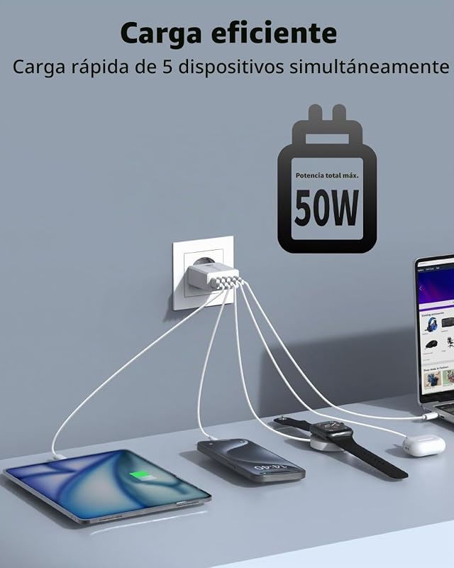 Carregador USB C 50W, 5 portas, carregador USBC, carregador USB múltiplo — foto 5 de 7