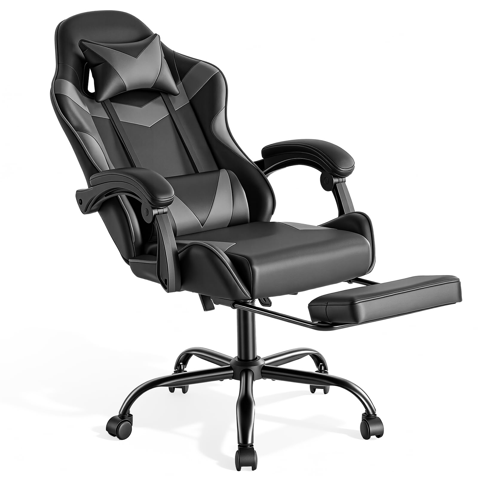 Sweetcrispy Gaming Stuhl, Gaming Chair mit Fußstütze Kopfstütze Lendenwirbelstütze, Ergonomischer PC Stuhl, Höhenverstellbarer Bürostuhl Computerstuhl,Drehbarer Schreibtischstuhl, Modernes Grau